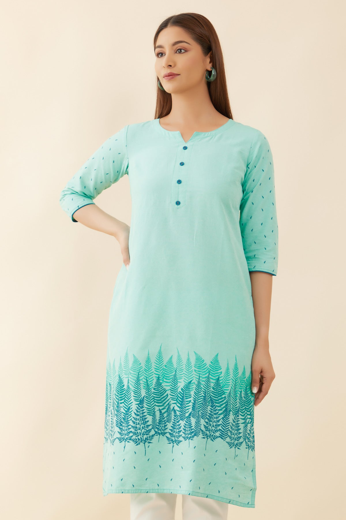All Over Leaf Pattern Kurta Green