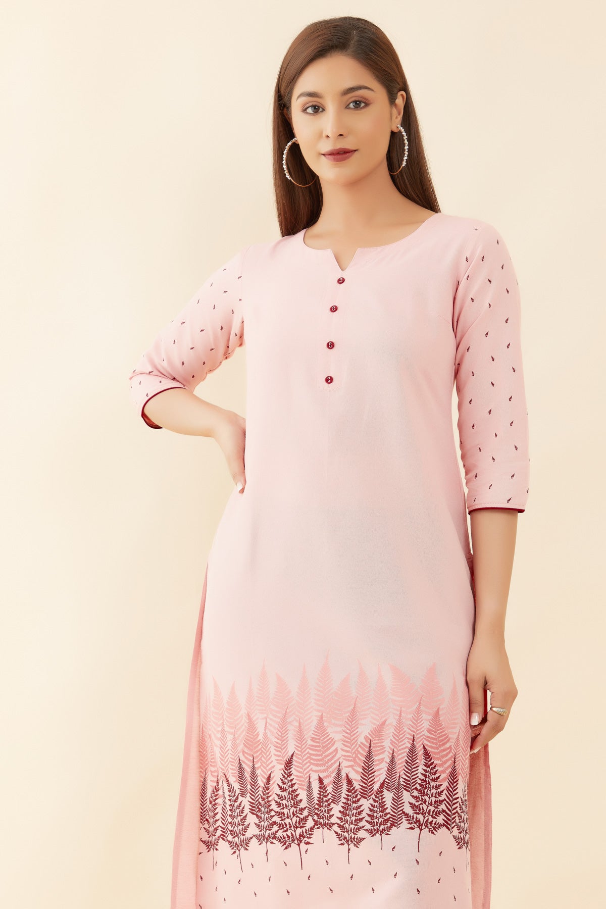 All Over Leaf Pattern Kurta Peach