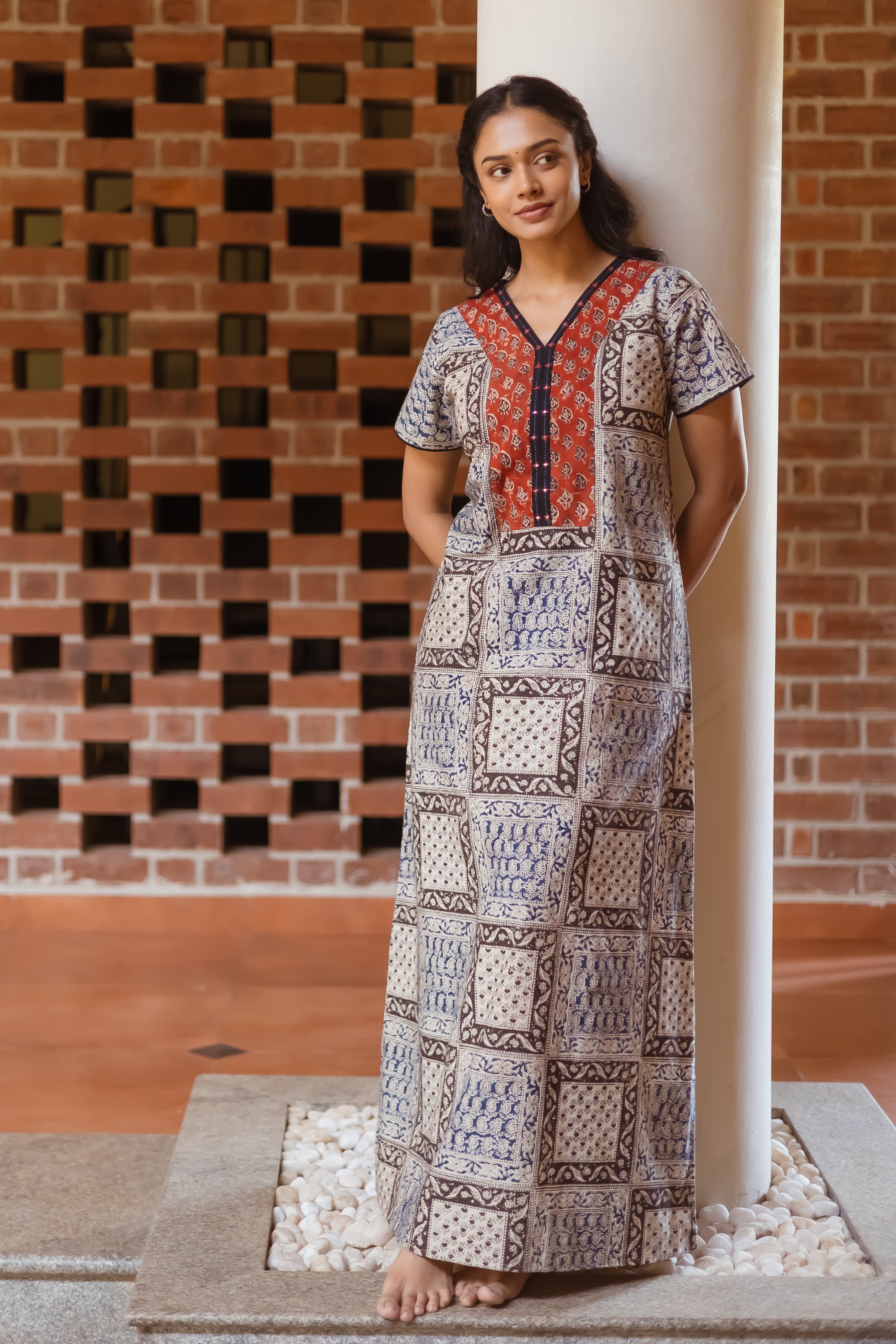 Blue & Black Kalamkari Nighty with Foil Mirror Yoke