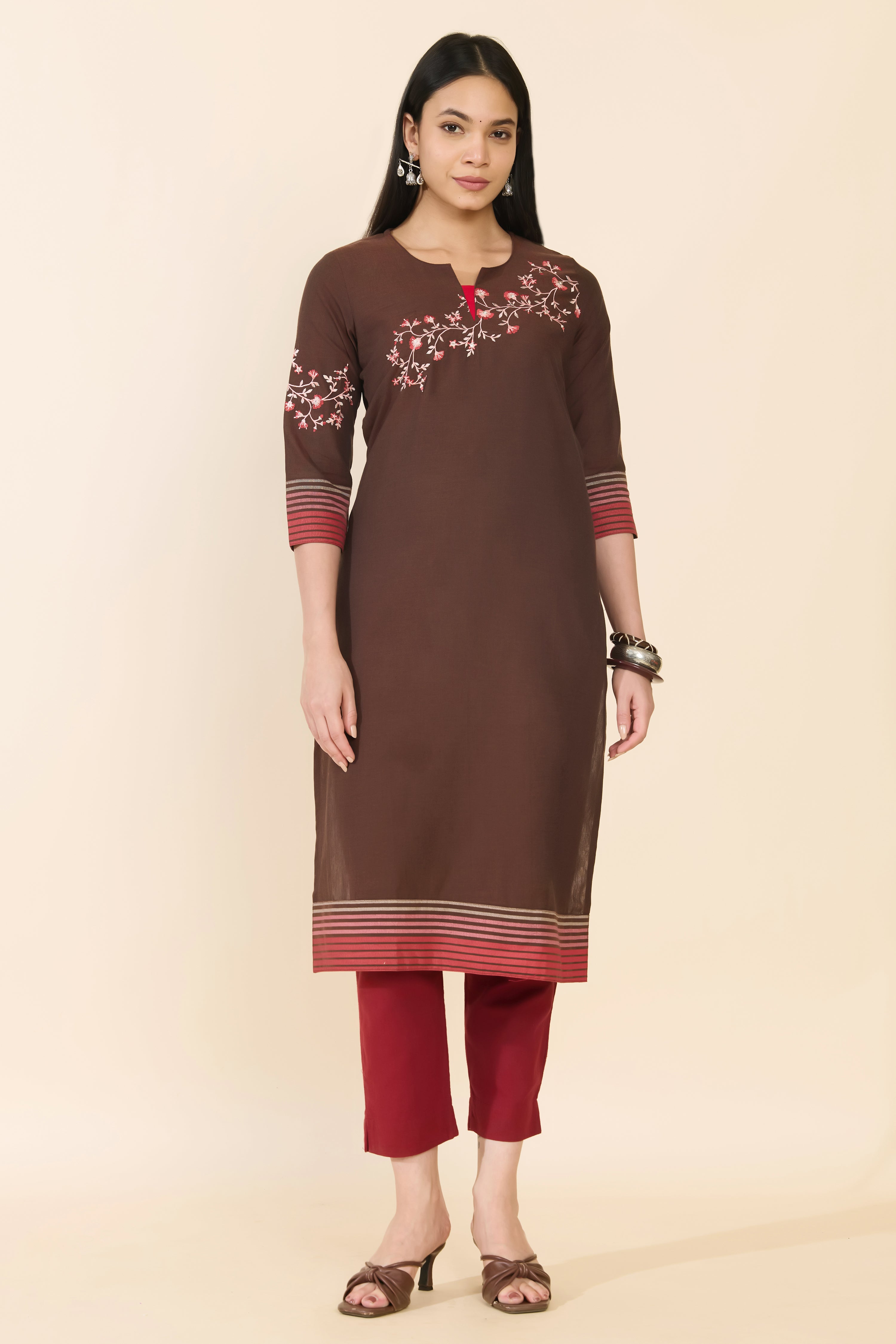 BROWN FLORAL & STRIPED COTTON KURTA