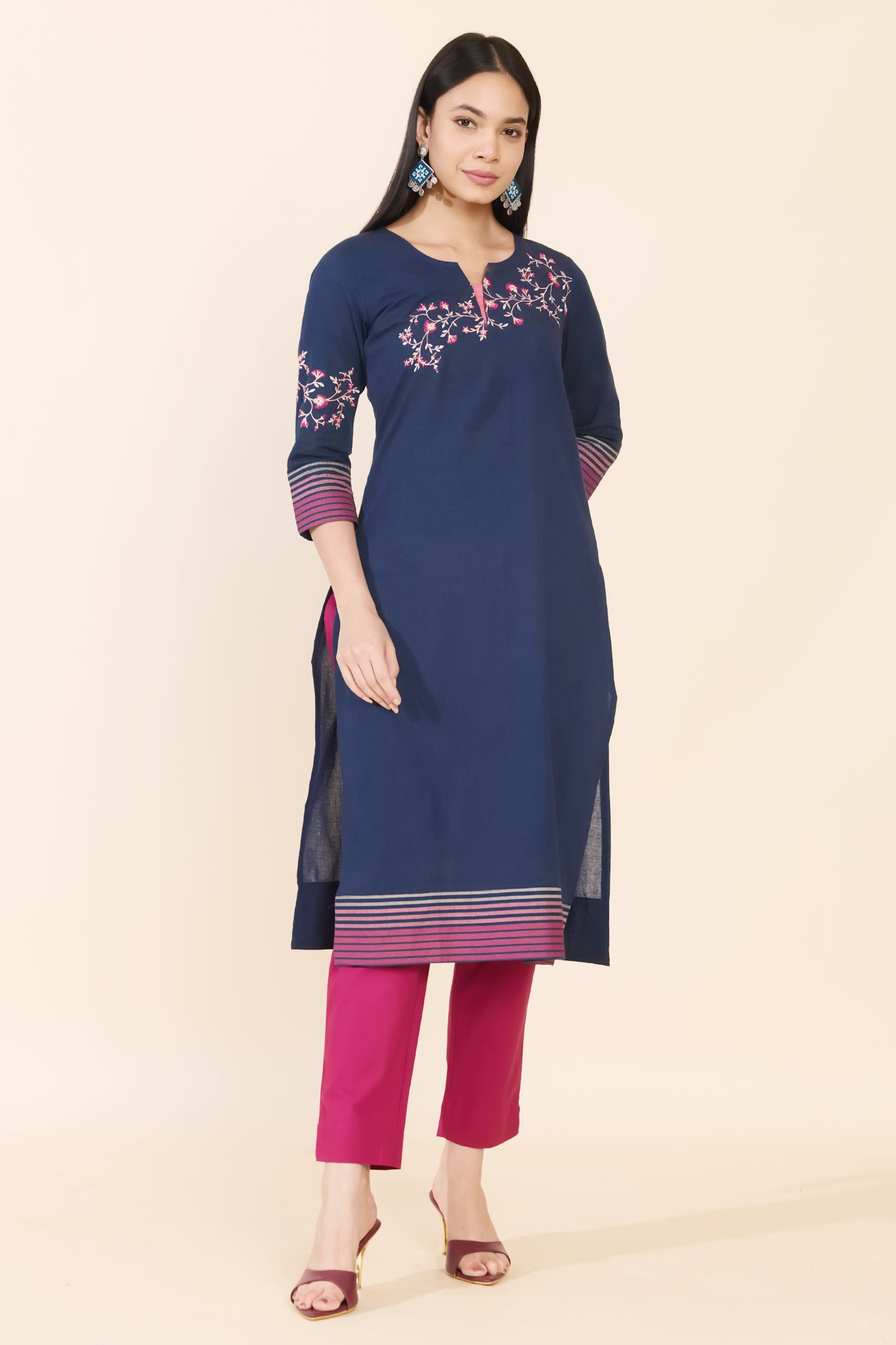 NAVY FLORAL & STRIPED COTTON KURTA