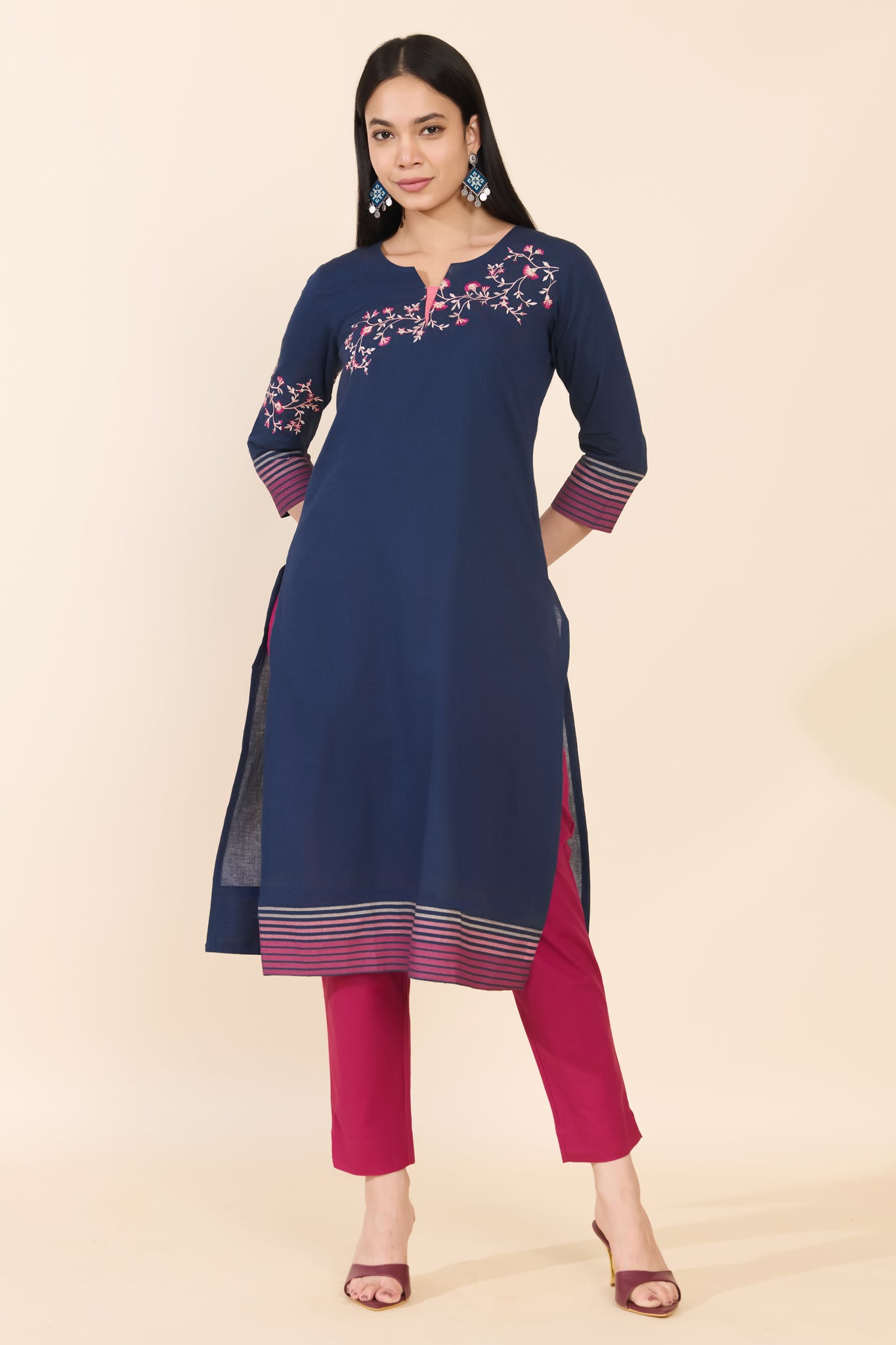 NAVY FLORAL & STRIPED COTTON KURTA