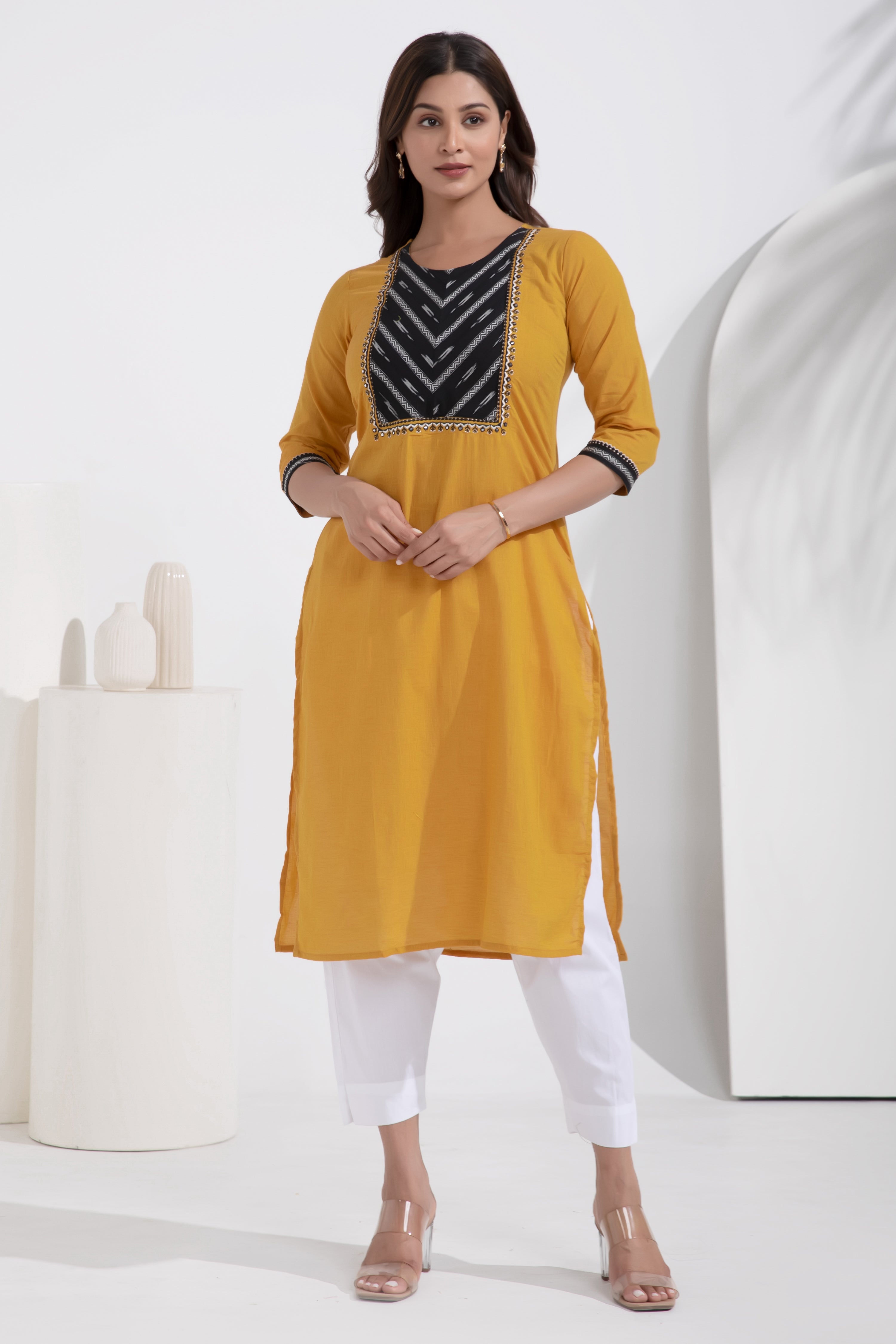 Cotton Mustard Kurta with Ikkat Weave & Embroidered Yoke Patchwork