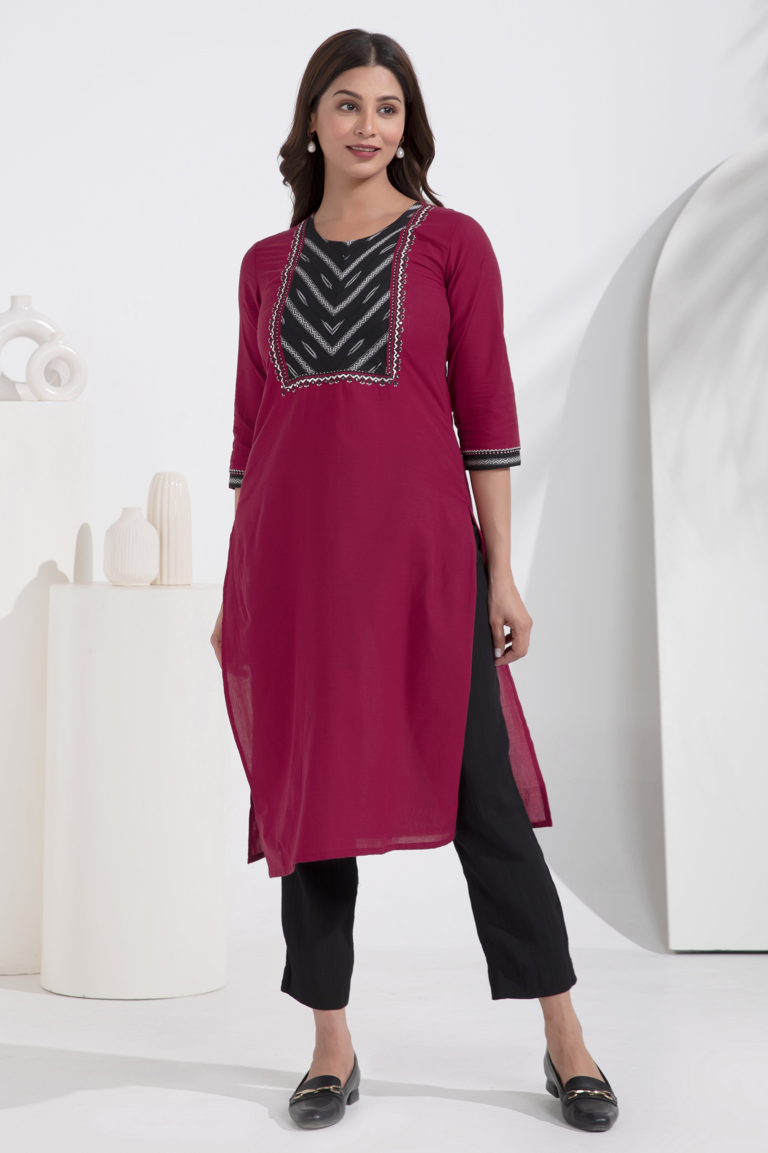 Cotton Magenta Kurta with Ikkat Weave & Embroidered Yoke Patchwork