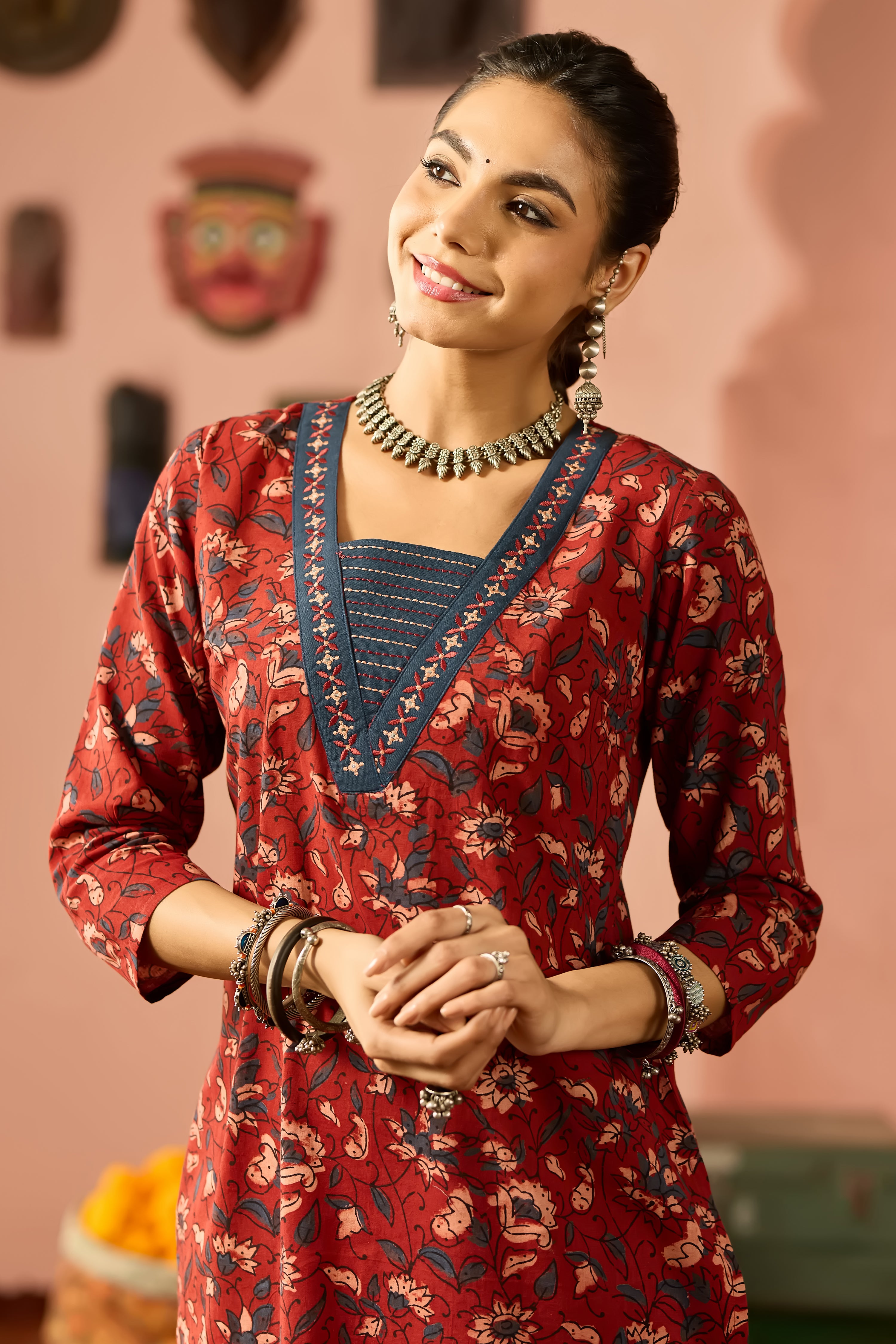 RED AJRAKH PRINTED STRAIGHT CUT KURTA