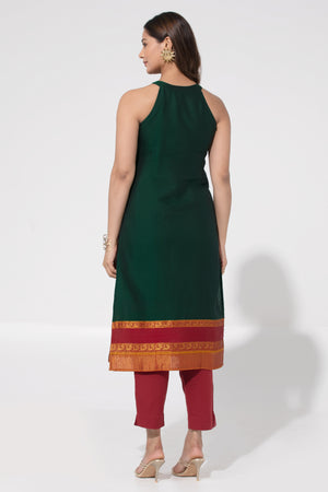 Bottle Green Solid Kurta with Halter Neck & Mangalagiri Design