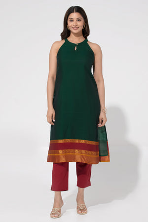 Bottle Green Solid Kurta with Halter Neck & Mangalagiri Design