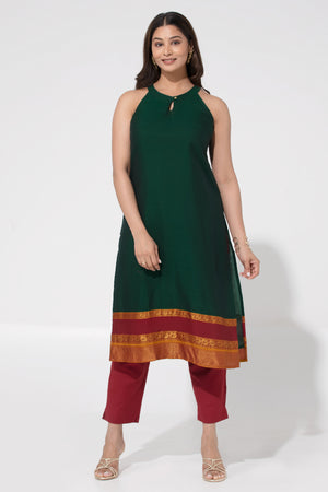 Bottle Green Solid Kurta with Halter Neck & Mangalagiri Design
