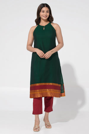 Bottle Green Solid Kurta with Halter Neck & Mangalagiri Design