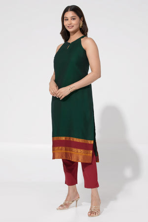 Bottle Green Solid Kurta with Halter Neck & Mangalagiri Design