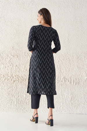 Ikkat Printed & Embroidered Cotton Black Kurta