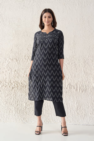 Ikkat Printed & Embroidered Cotton Black Kurta