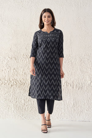 Ikkat Printed & Embroidered Cotton Black Kurta