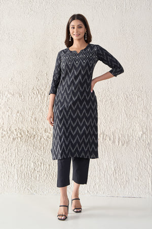 Ikkat Printed & Embroidered Cotton Black Kurta