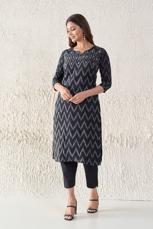 Ikkat Printed & Embroidered Cotton Black Kurta