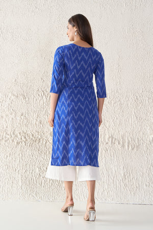 Ikkat Printed & Embroidered Cotton Blue Kurta