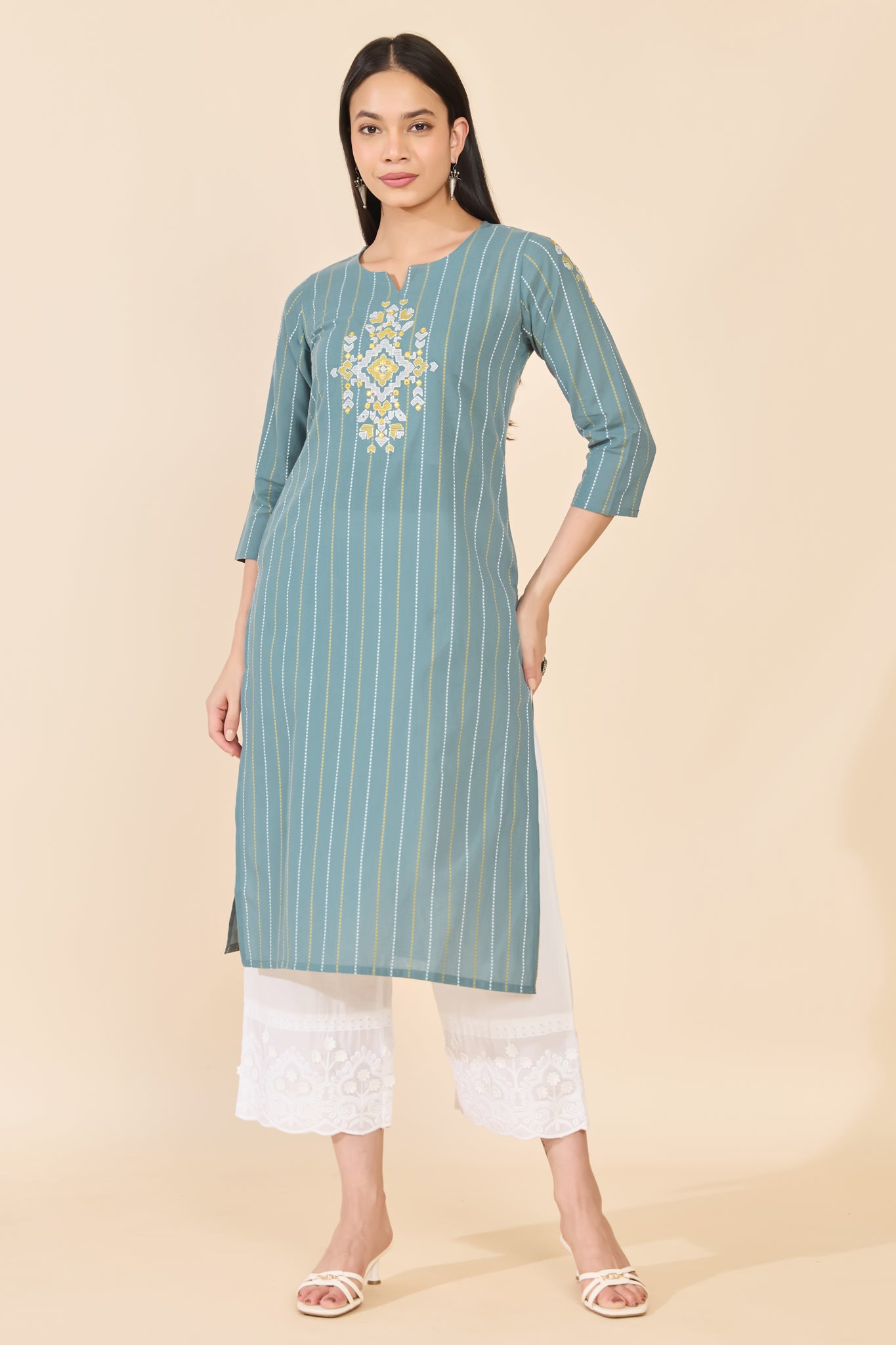 TURQUOISE EMBROIDERED COTTON KURTA