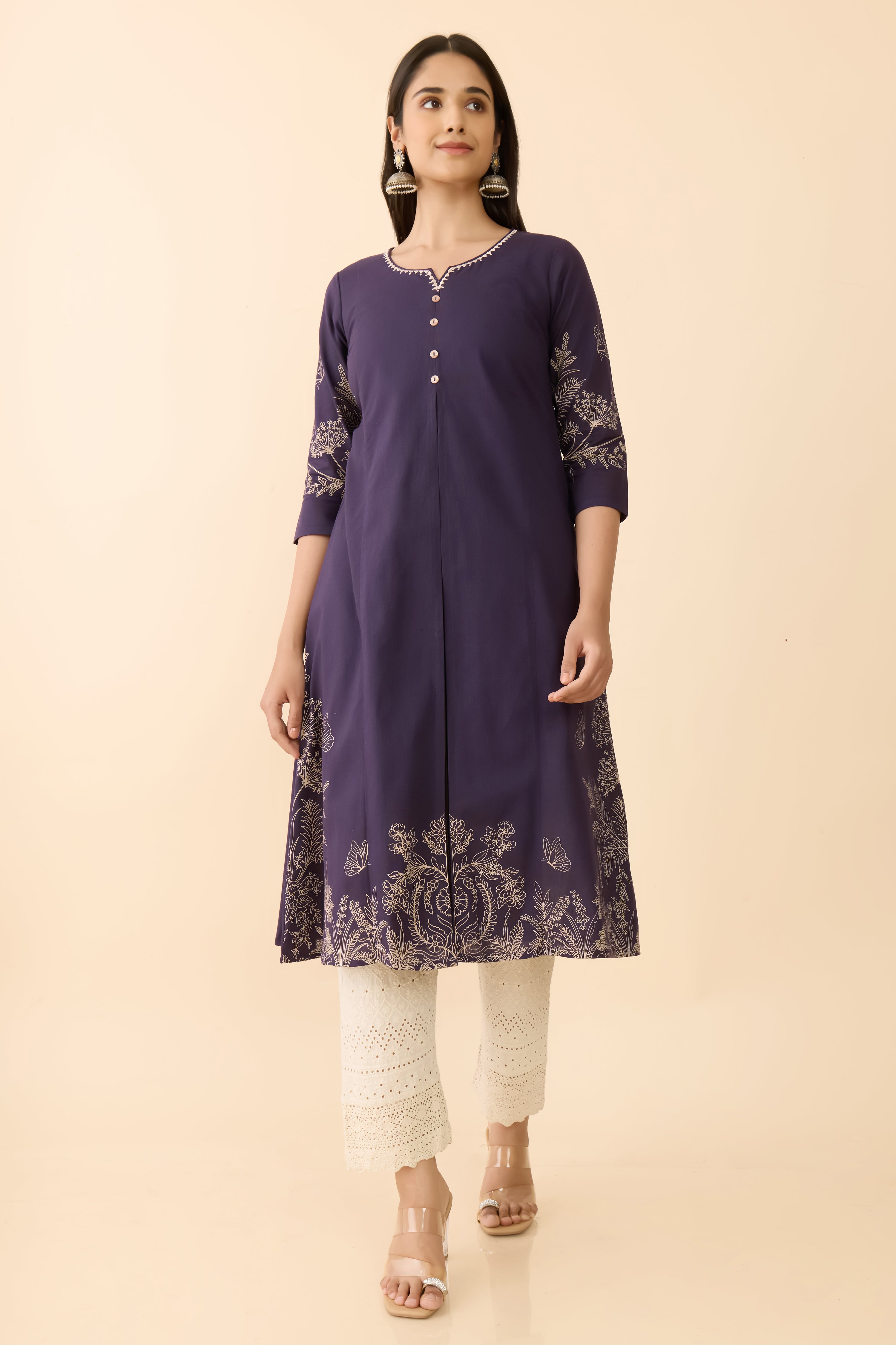 DARK PURPLE FLORAL PRINTED A-LINE KURTA