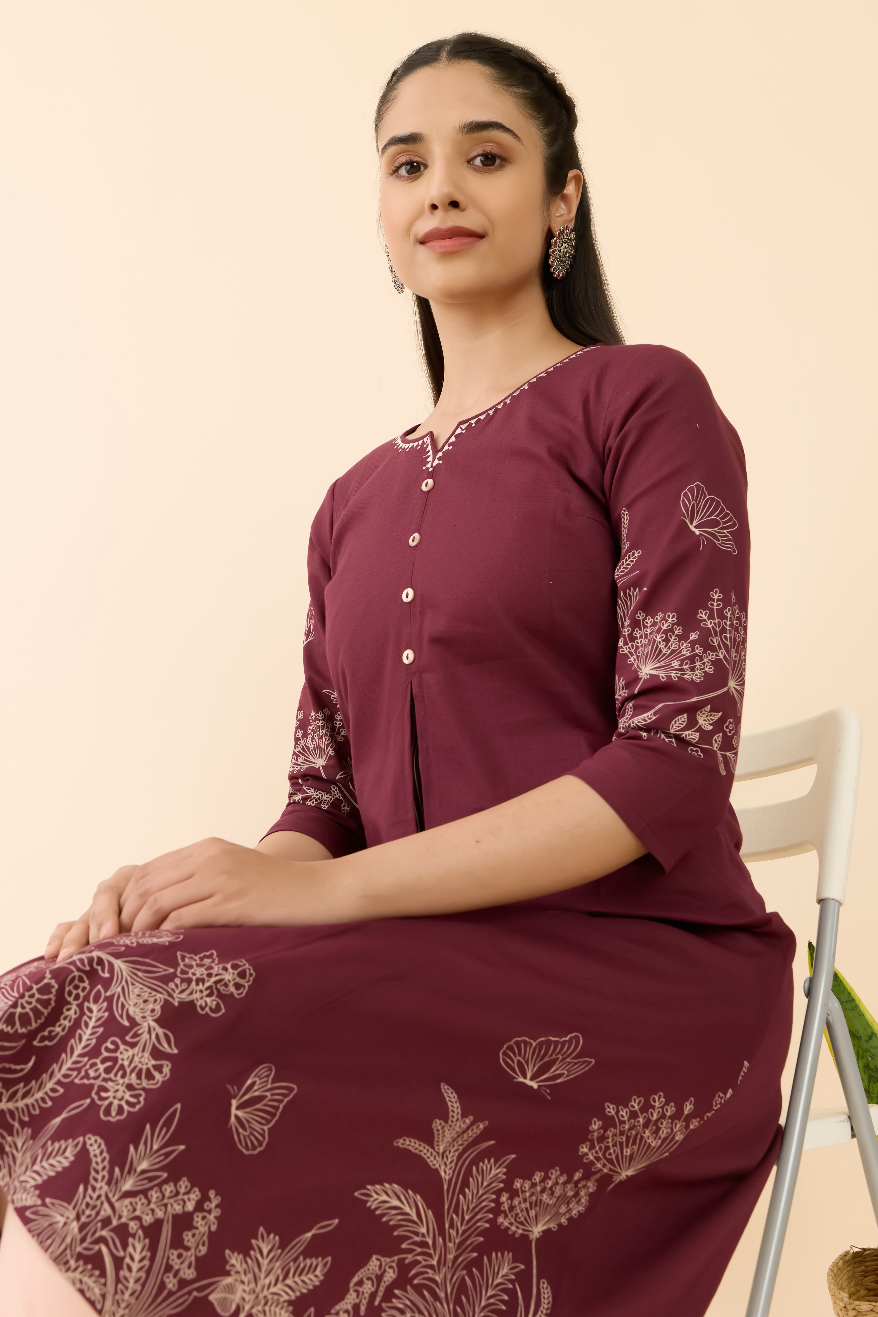 WINE FLORAL PRINTED A-LINE KURTA