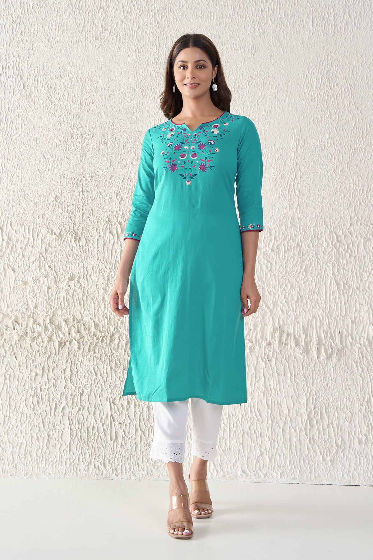 Botanical Floral Printed Linen Turquoise Kurta