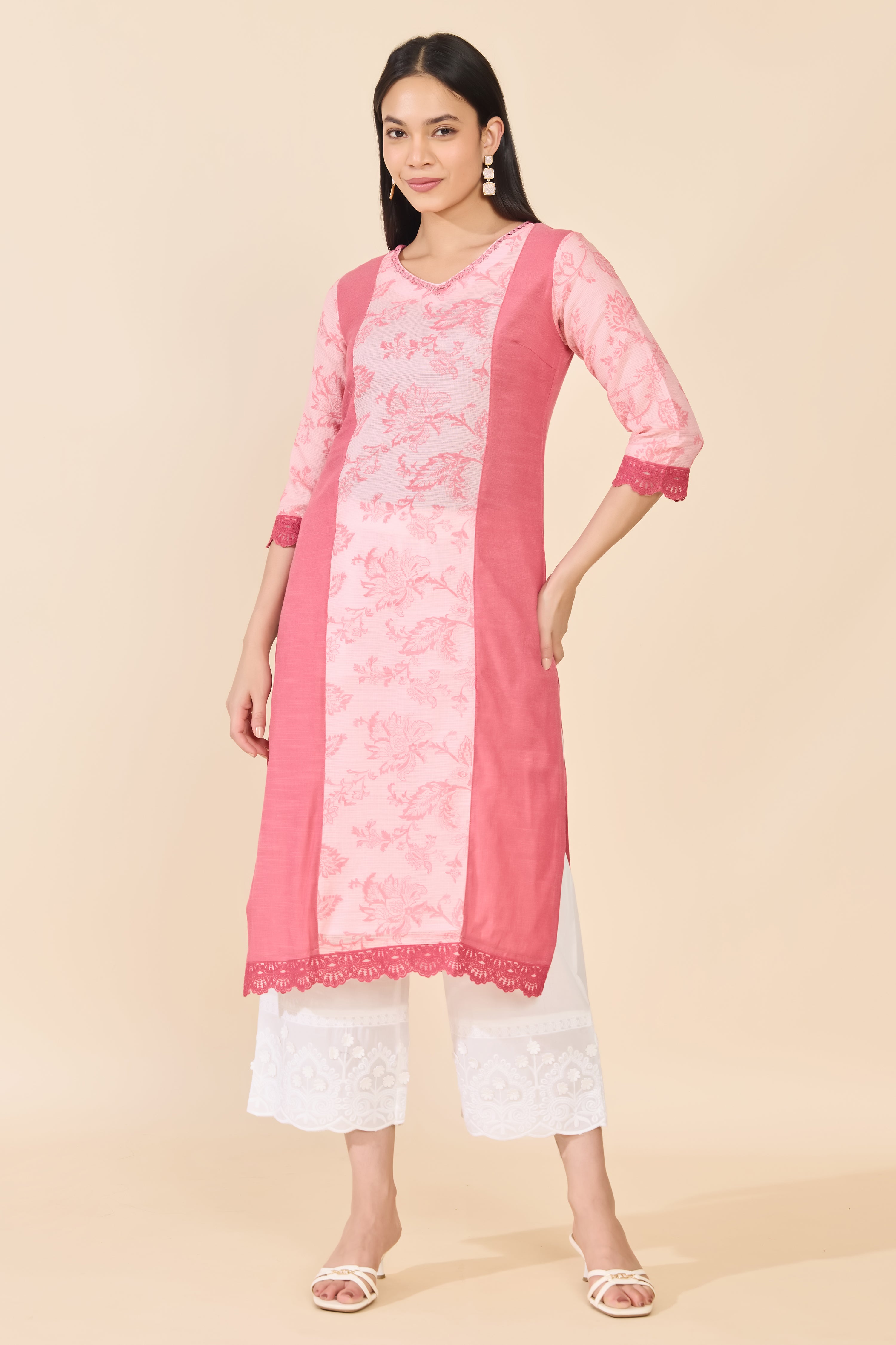 PINK FLORAL PRINTED COTTON KURTA