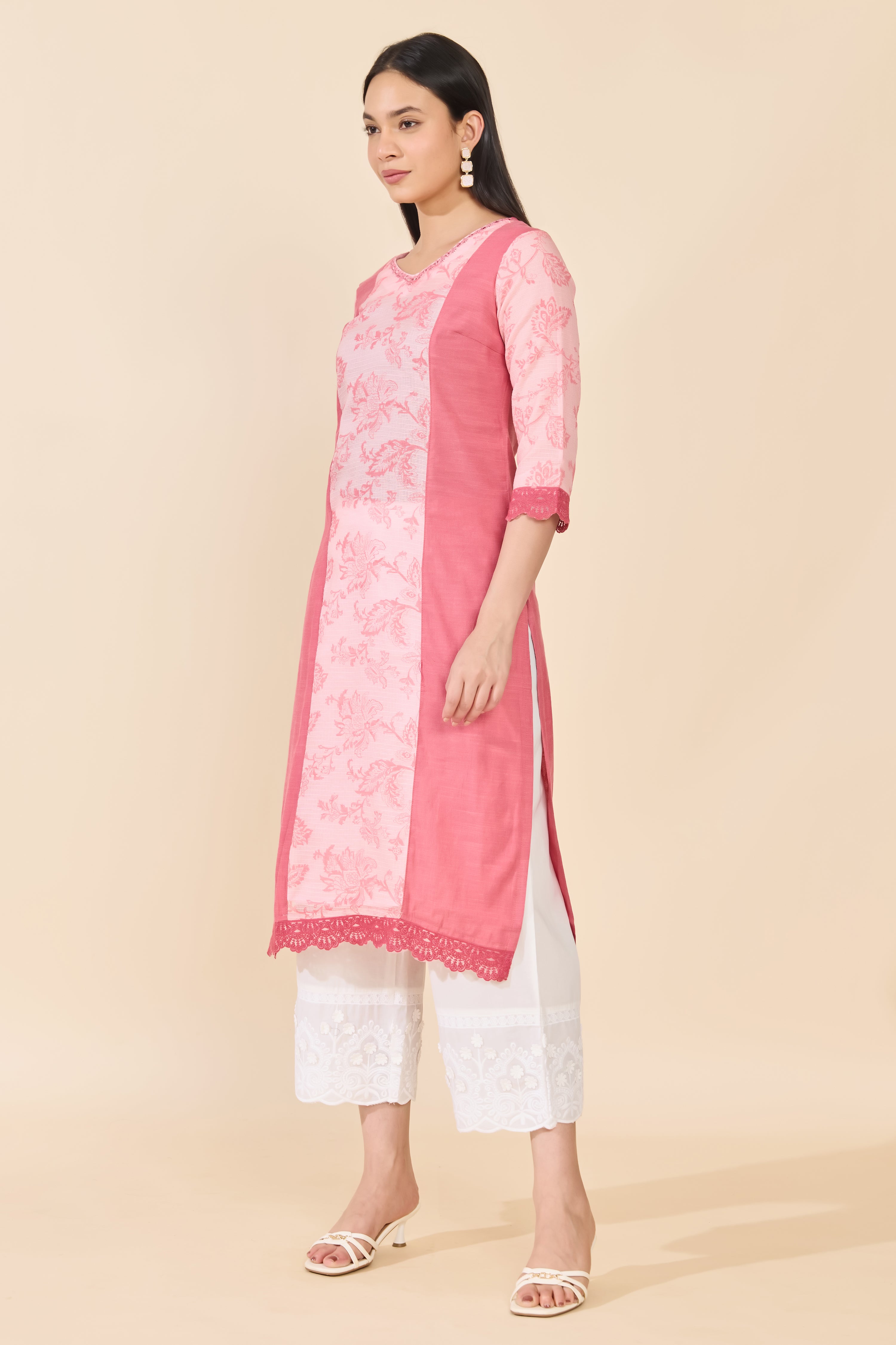 PINK FLORAL PRINTED COTTON KURTA