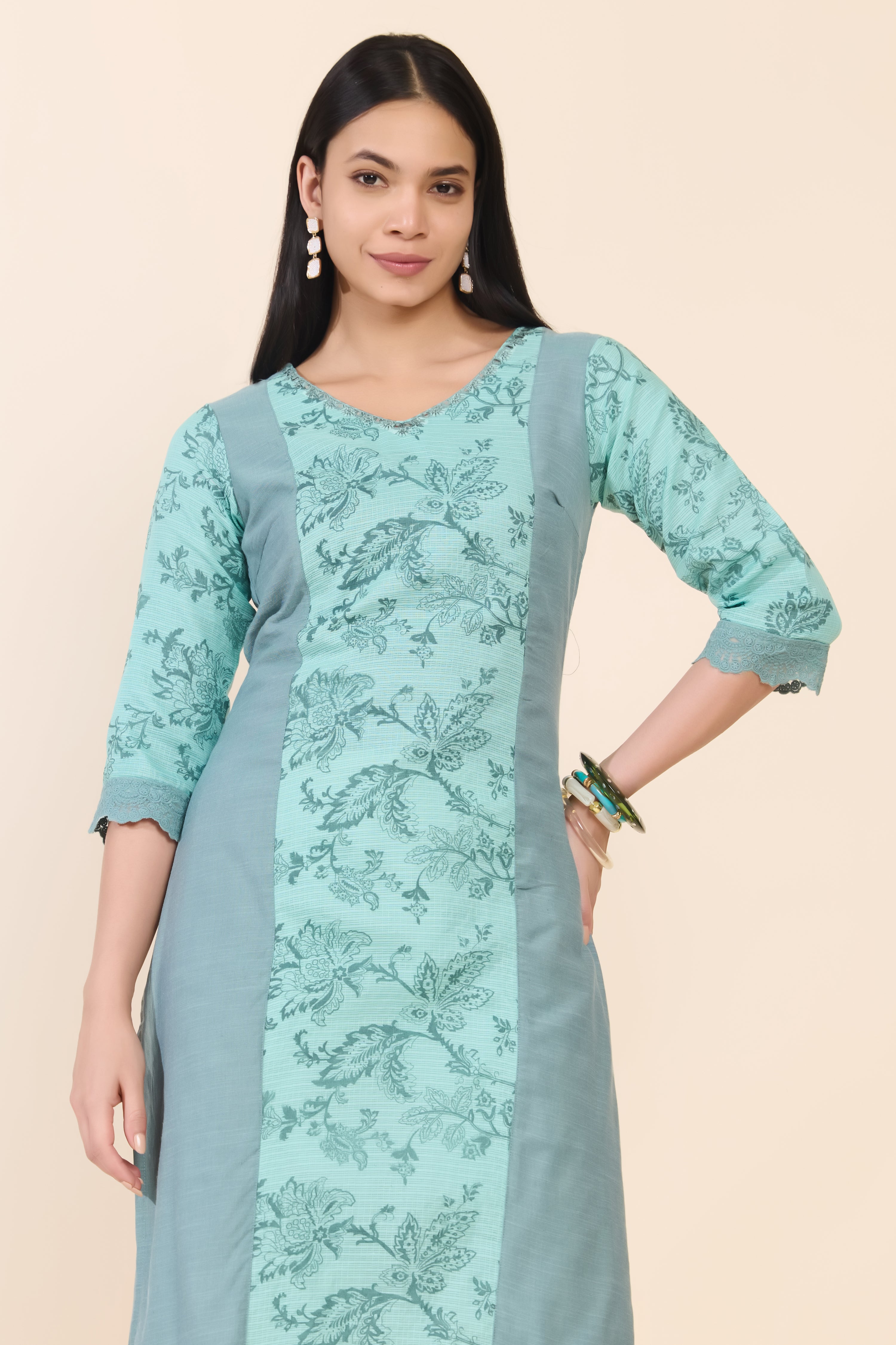 TURQUOISE FLORAL PRINTED COTTON KURTA