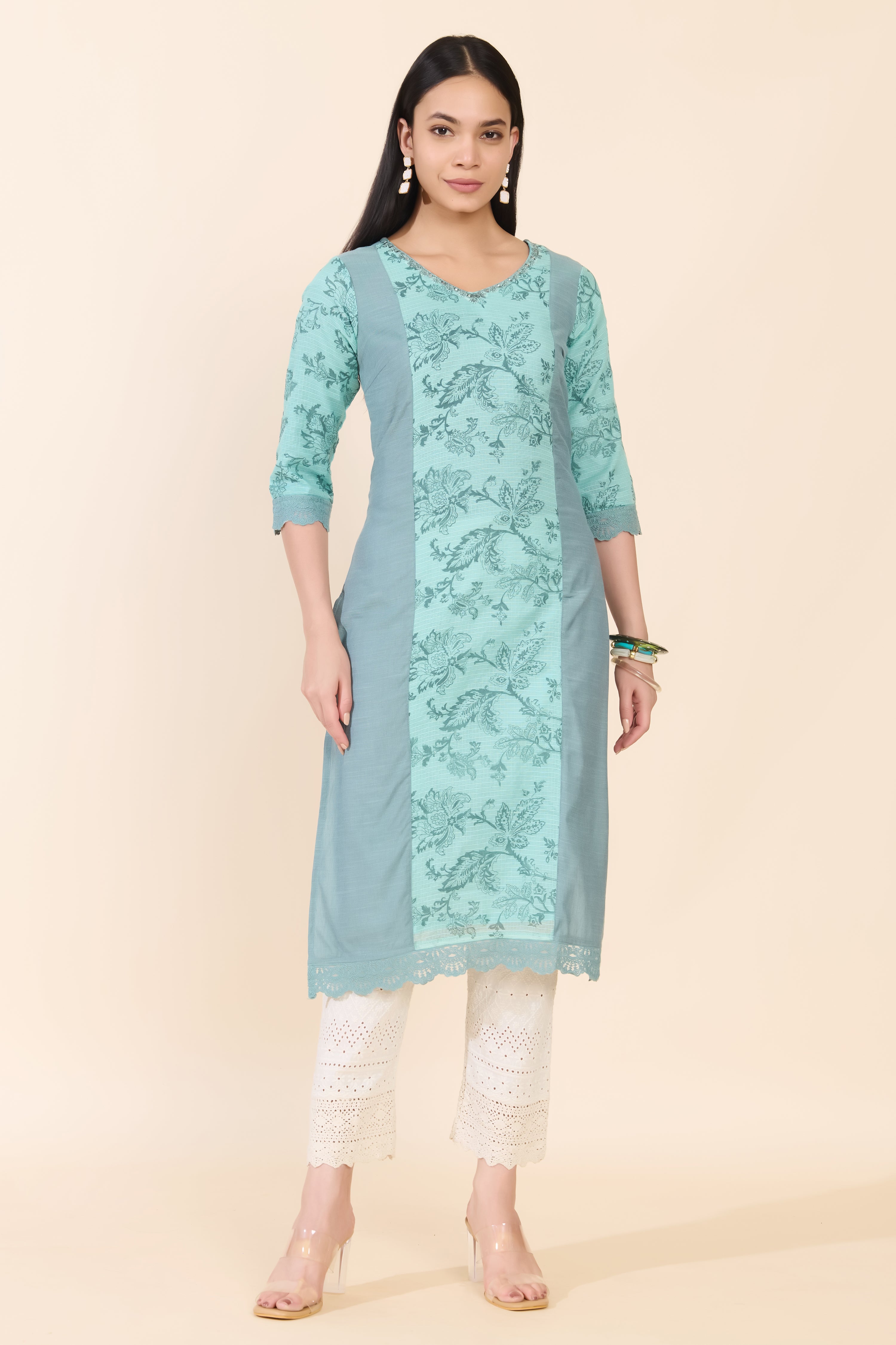 TURQUOISE FLORAL PRINTED COTTON KURTA