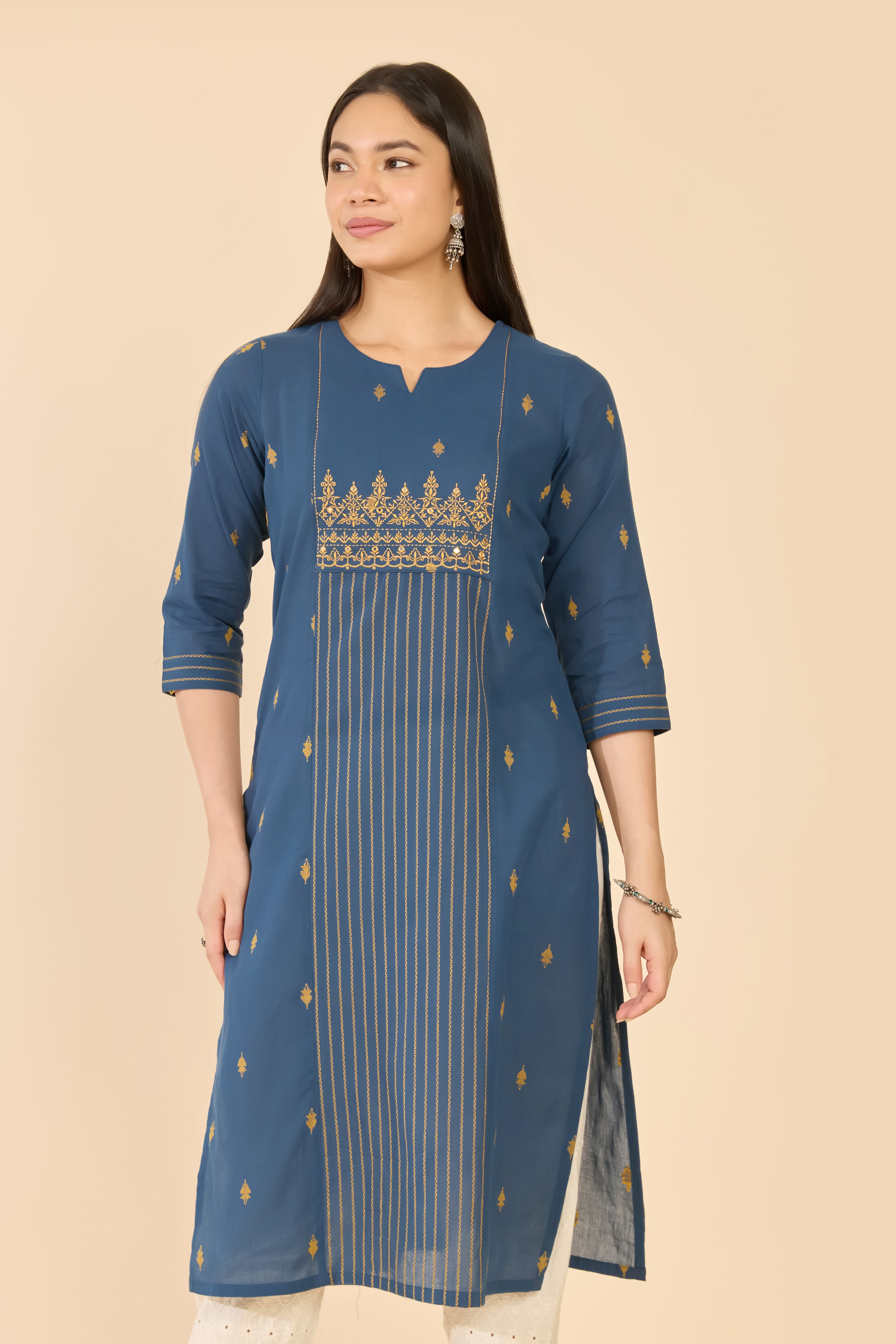 Blue Dobby Kurta With Embrpidered Yoke