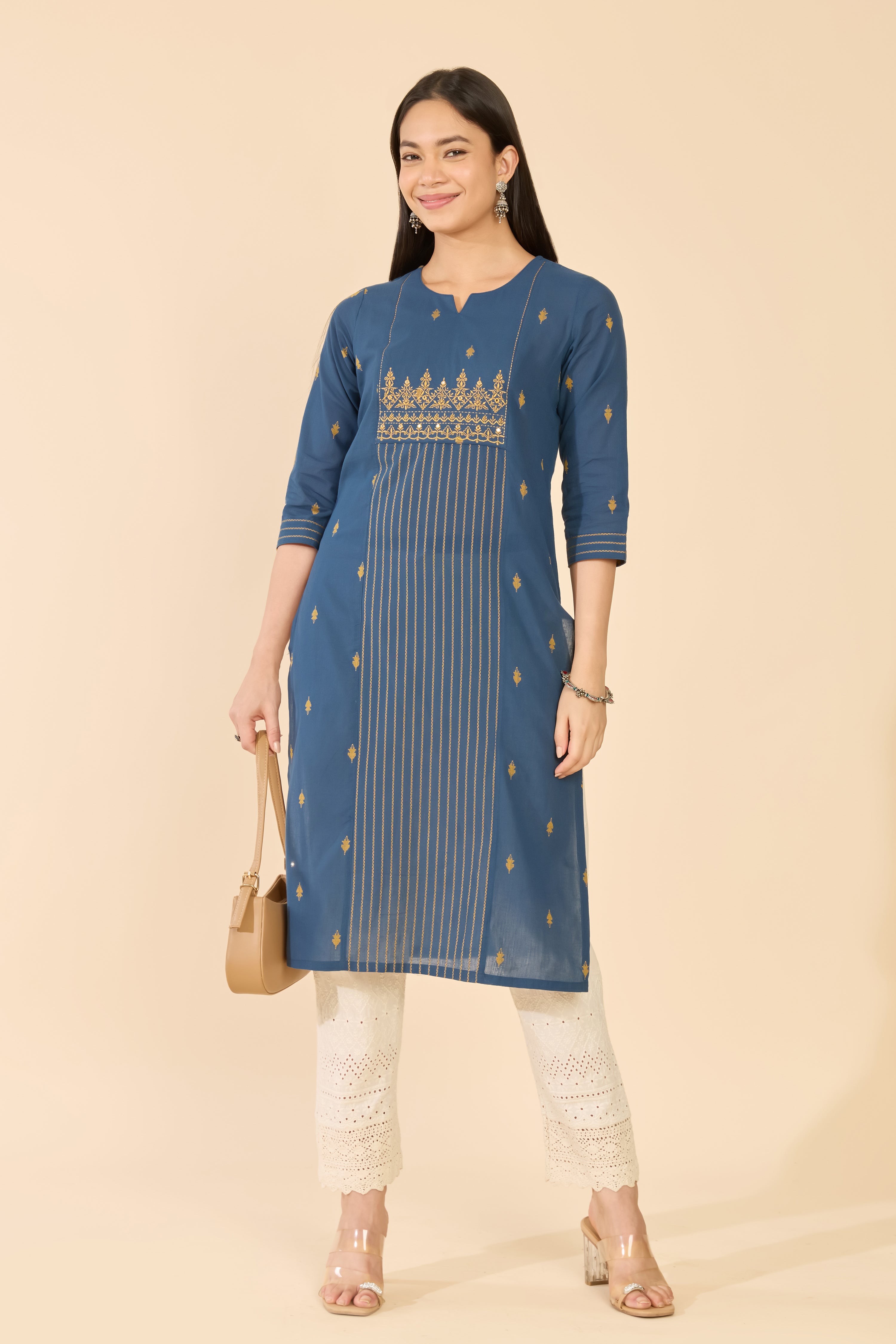 Blue Dobby Kurta With Embrpidered Yoke