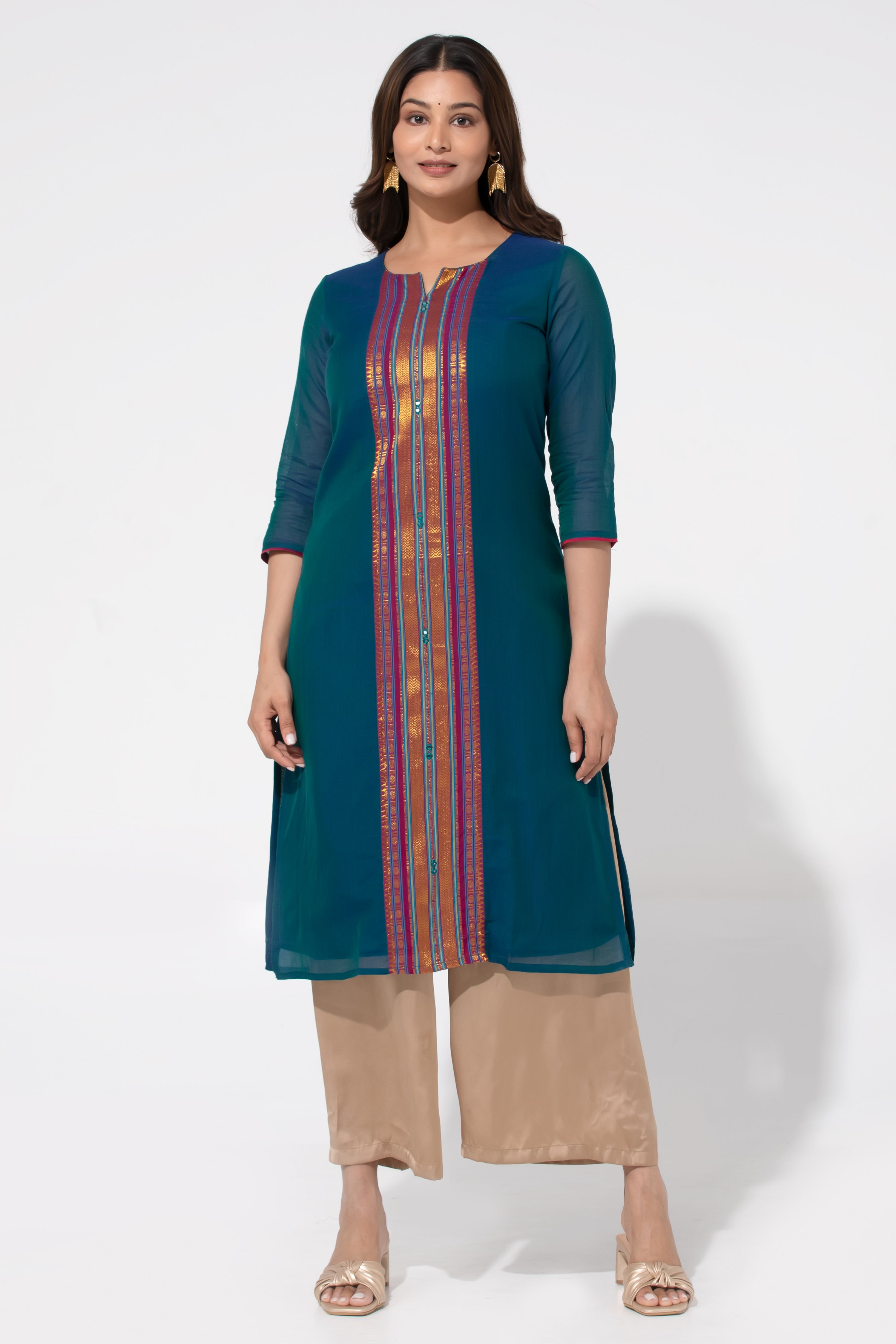 Blue & Green Dual Toned Solid Kurta with Manklakeri Design