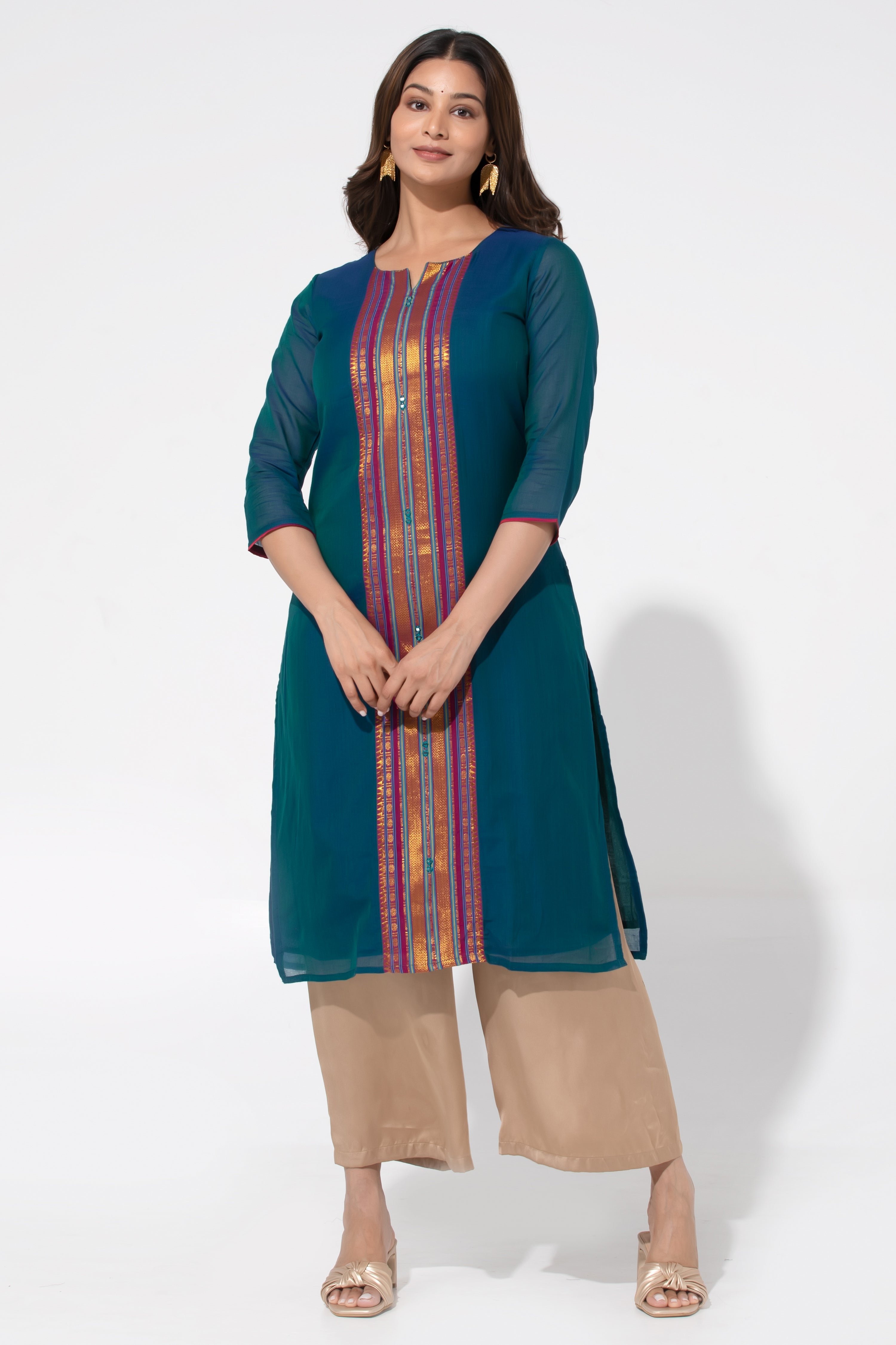 Blue & Green Dual Toned Solid Kurta with Manklakeri Design