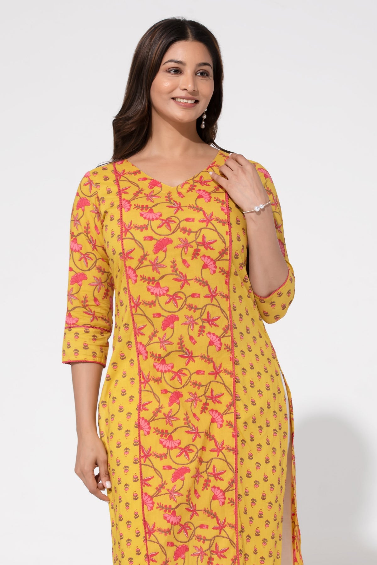 Mustard Colour Floral Printed Straight line Kurta with Lace Design
