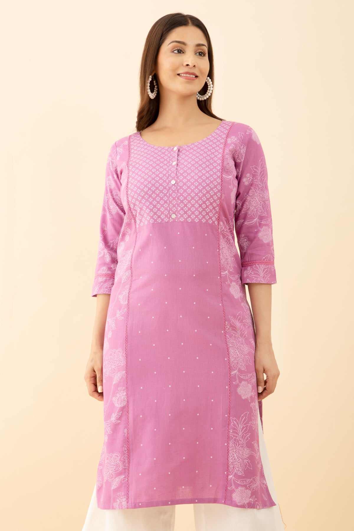 Floral Printed Kurta with Lace Embellishment Purple