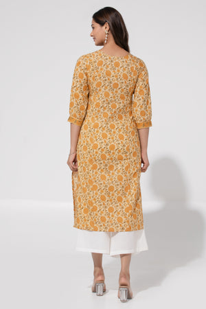 Mustard Cambric Straight Kurta with Floral Print & Foil Mirror work