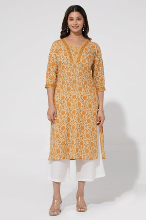 Mustard Cambric Straight Kurta with Floral Print & Foil Mirror work