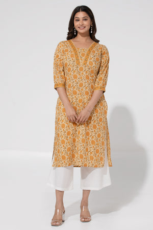 Mustard Cambric Straight Kurta with Floral Print & Foil Mirror work