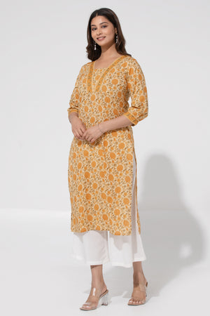 Mustard Cambric Straight Kurta with Floral Print & Foil Mirror work