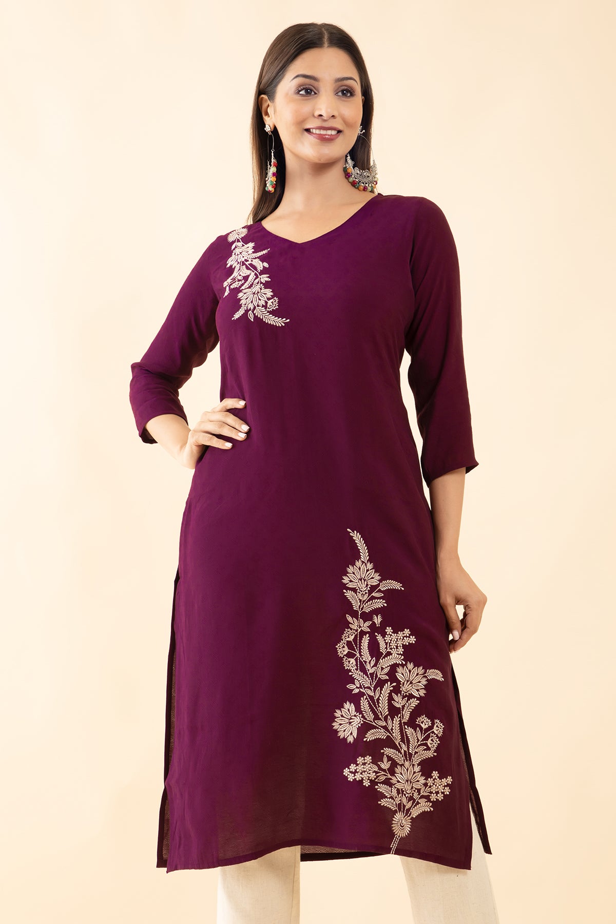 Textured Dobby Kurta with Floral Embroidery - Burgundy