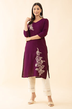 Textured Dobby Kurta with Floral Embroidery - Burgundy