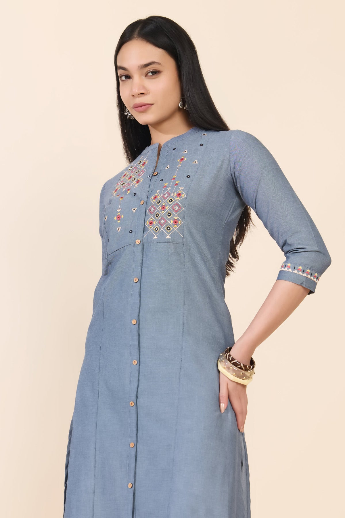 BLUE GEOMETRIC EMBROIDERED COTTON KURTA