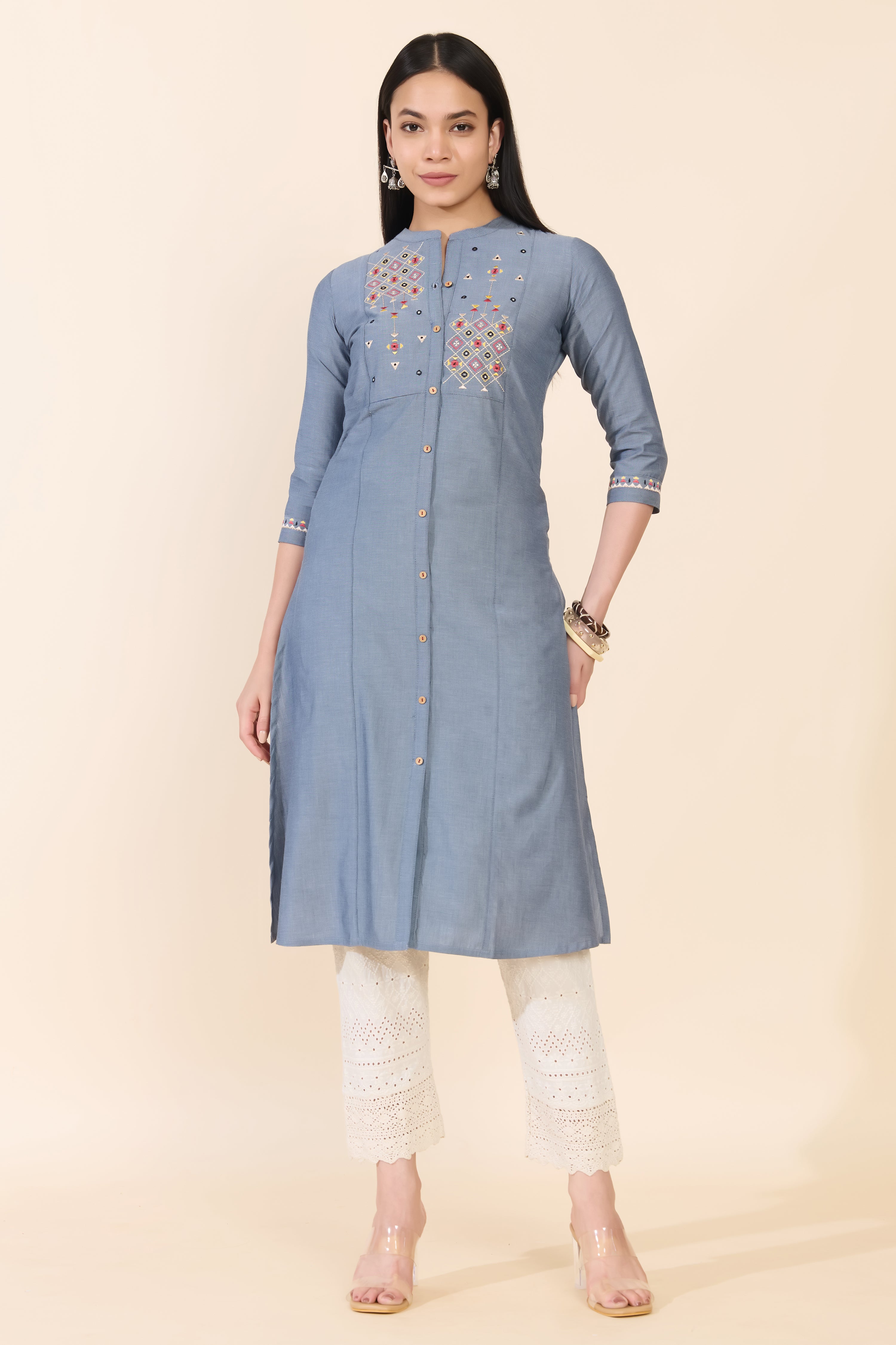 BLUE GEOMETRIC EMBROIDERED COTTON KURTA