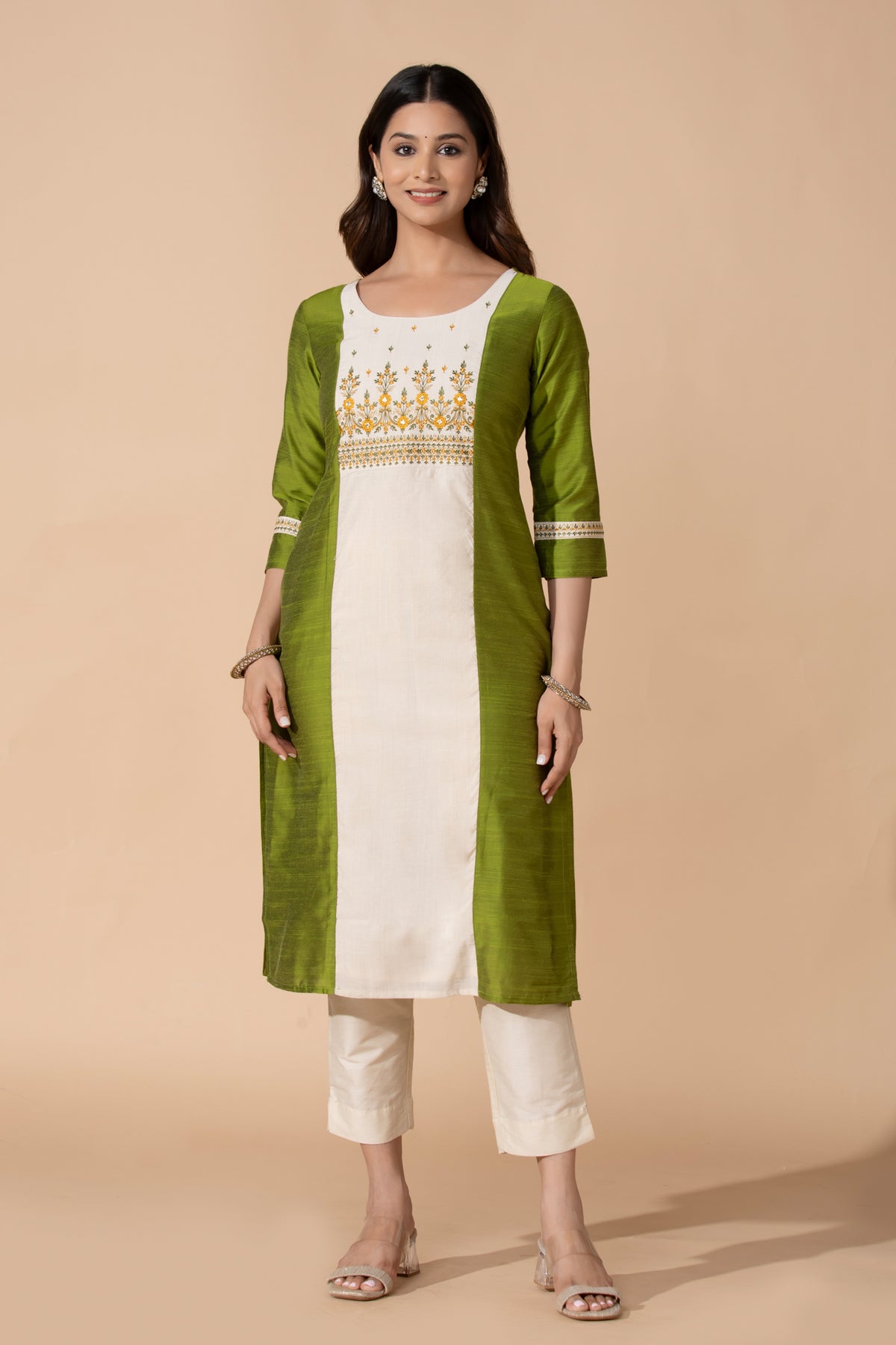 Green Floral Embroidered Straight Kurta