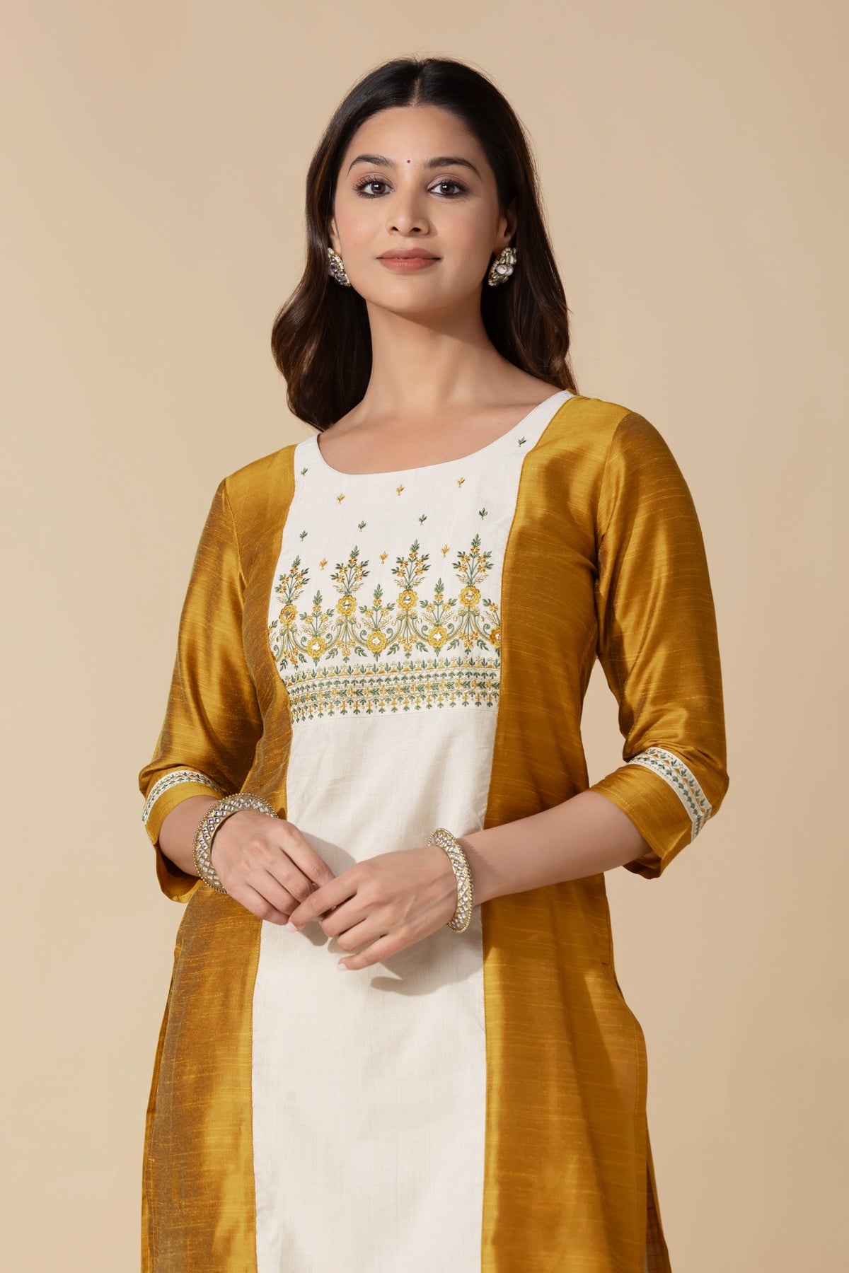 Mustard Floral Embroidered Straight Kurta