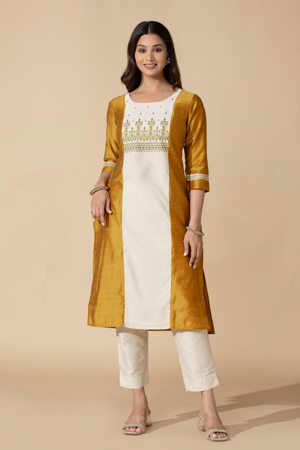 Mustard Floral Embroidered Straight Kurta