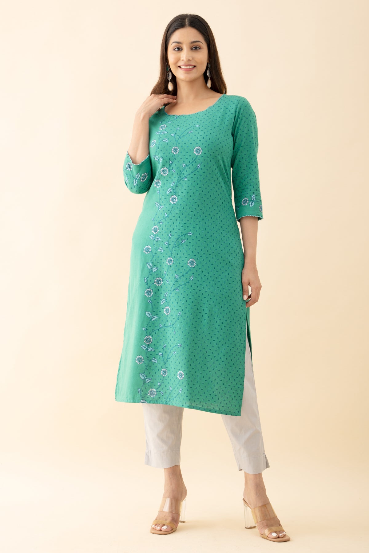 Monochrome Floral Printed Kurta - Green