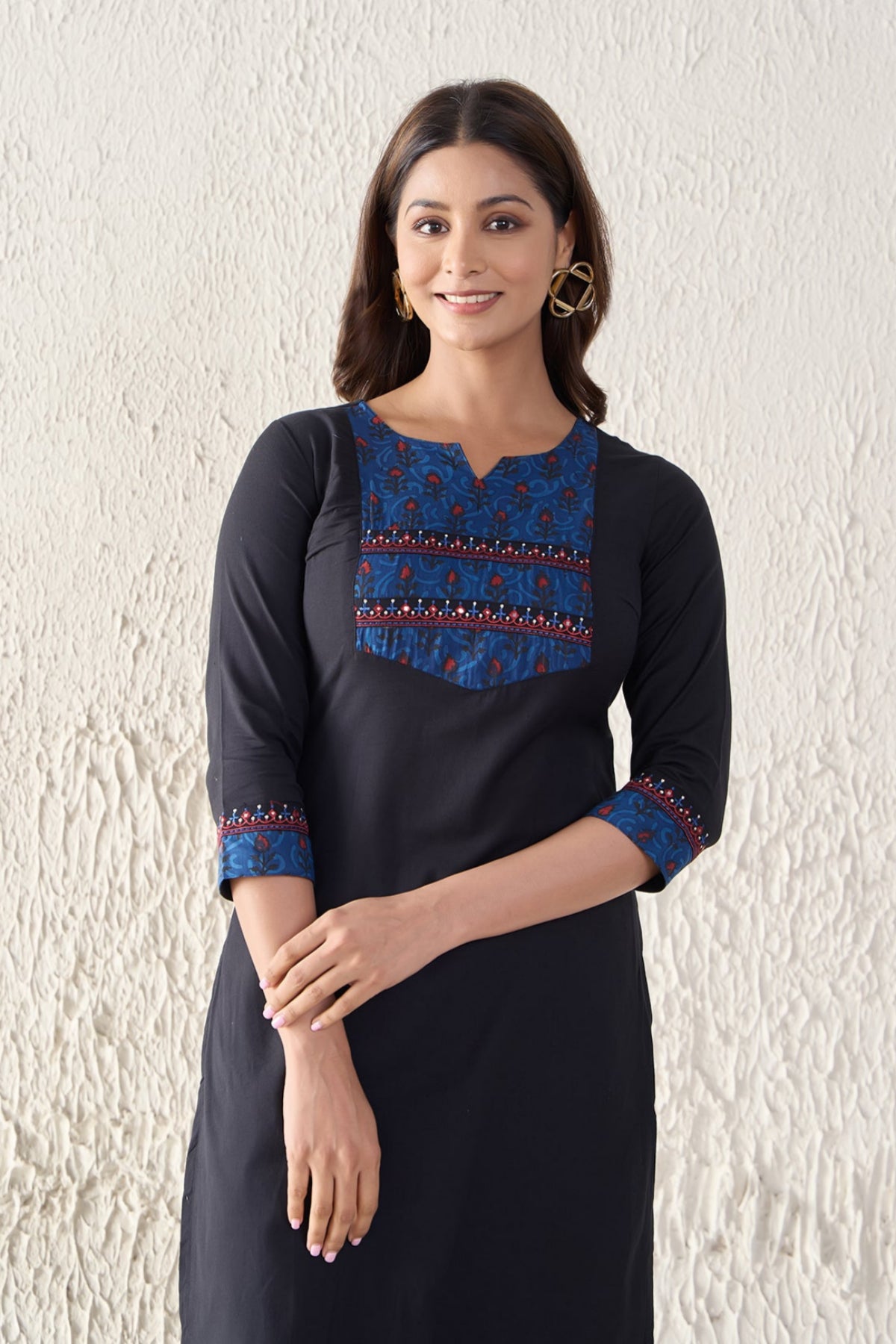 Cotton Black Kurta with Dabu Indigo Printed Yoke