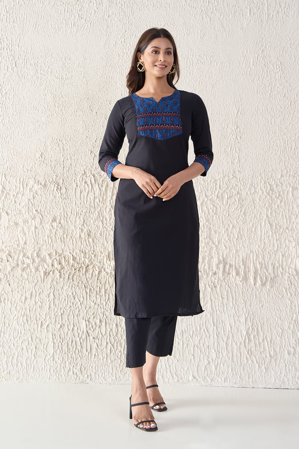 Cotton Black Kurta with Dabu Indigo Printed Yoke
