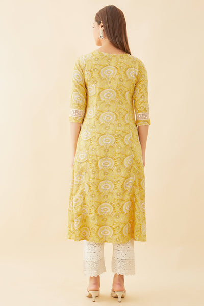 All Over Floral Print WIth Crochet Detail Kurta Yellow