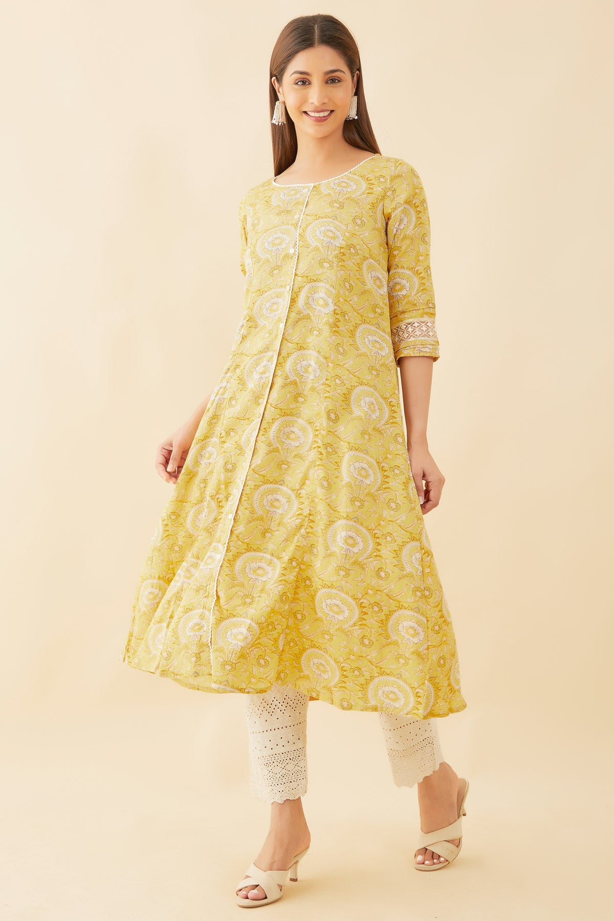 All Over Floral Print WIth Crochet Detail Kurta Yellow